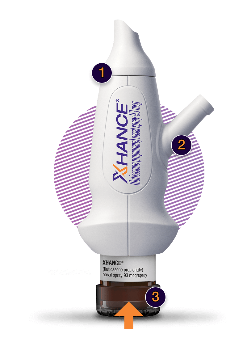 XHANCE nasal spray device demonstrating proper administration technique using the exhalation delivery system