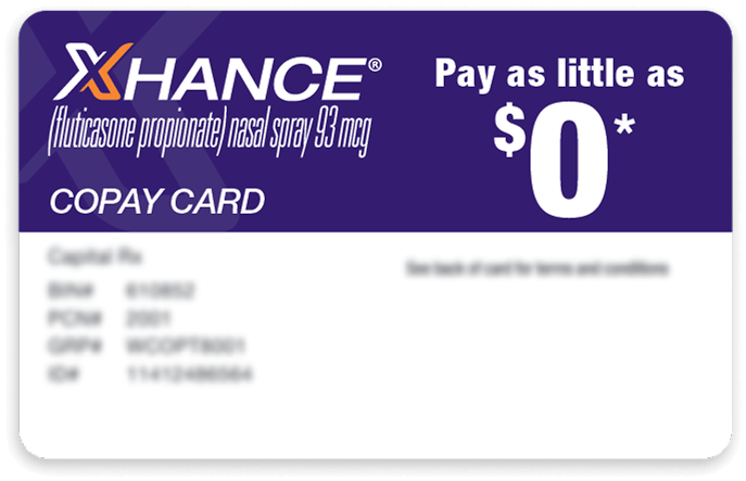 XHANCE copay card showing savings program for commercially insured patients