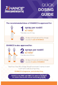 XHANCE dosing card summarizing approved dosing options and administration guidance